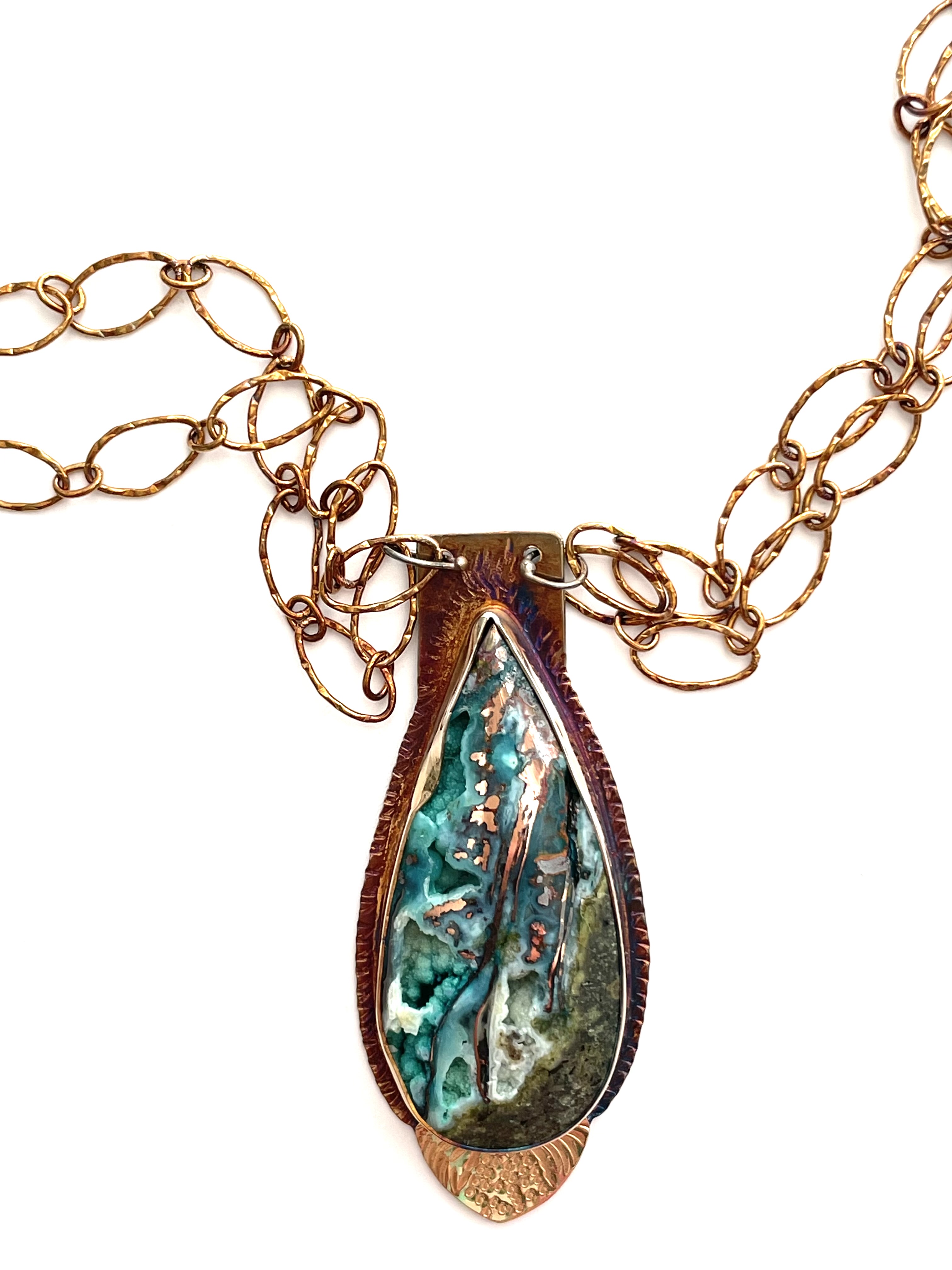 Sterling Silver, 18k Gold, Chrysocolla and Copper Teardrop Necklace