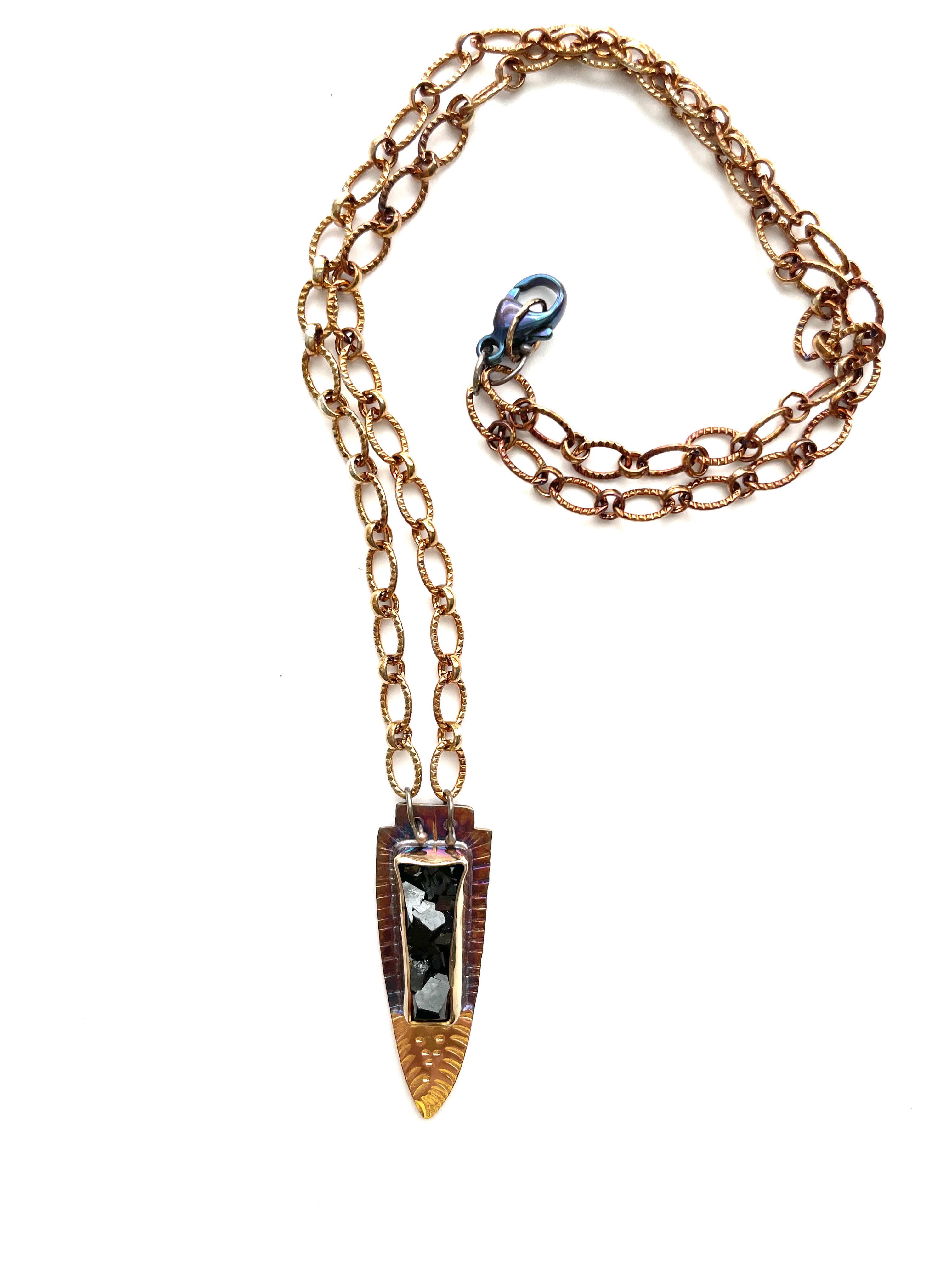Sterling Silver, 18k Gold, Fine Silver Bezel, and Natural Surface Black Garnet Necklace