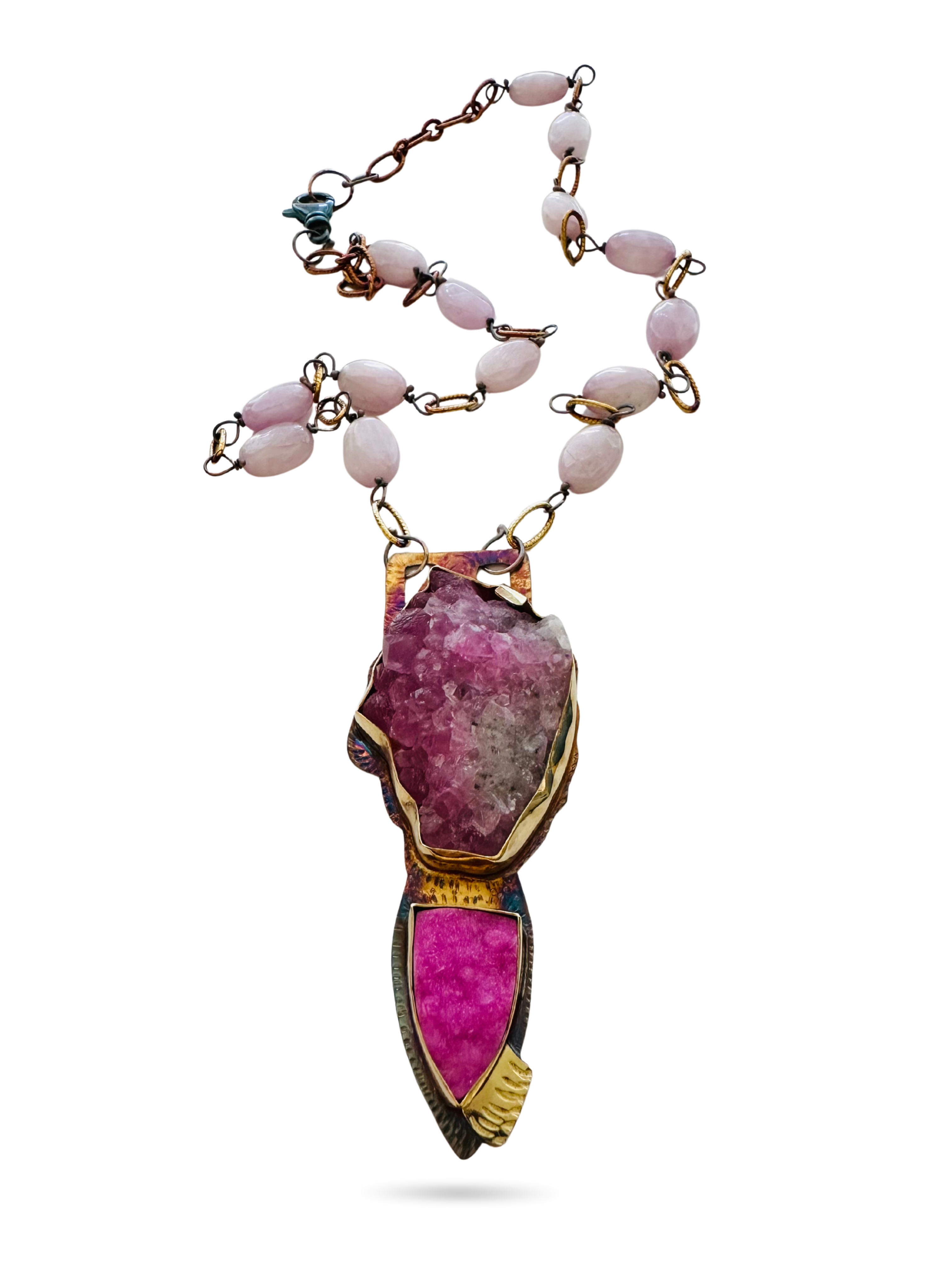 Image 2 for 3 Sterling Silver, Fine Silver Bezels, 18k Gold, Cobalto Calcite Druzy, and Cobalto Calcite Crystals Necklace with Sterling Silver Chain, Kunzite Beads strung on Sterling Silver with Revolving Lobster Clasp