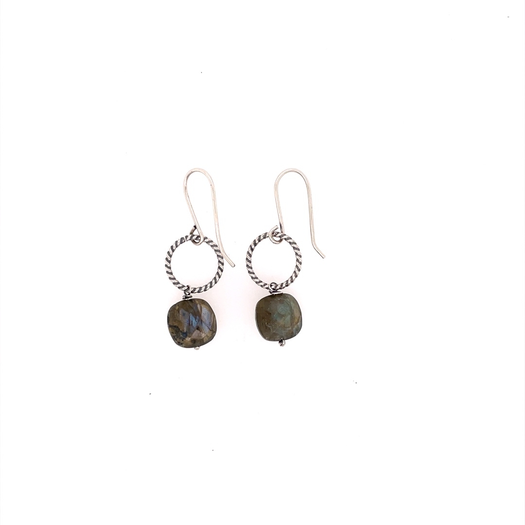 Rose Cut Labradorite Earrings with Textured Circle Element