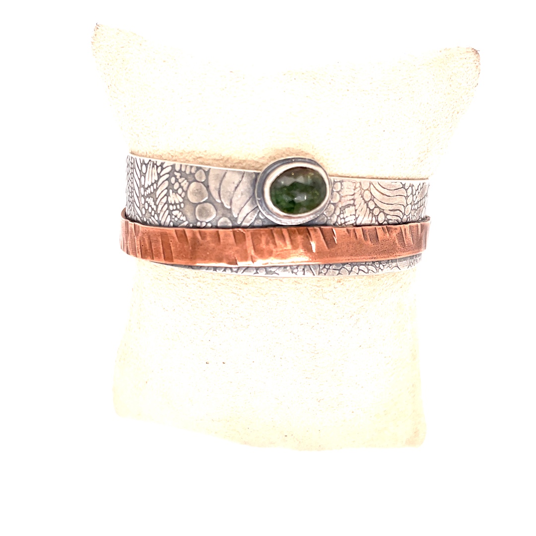 Green Tourmaline, Sterling Silver and Copper Cuff