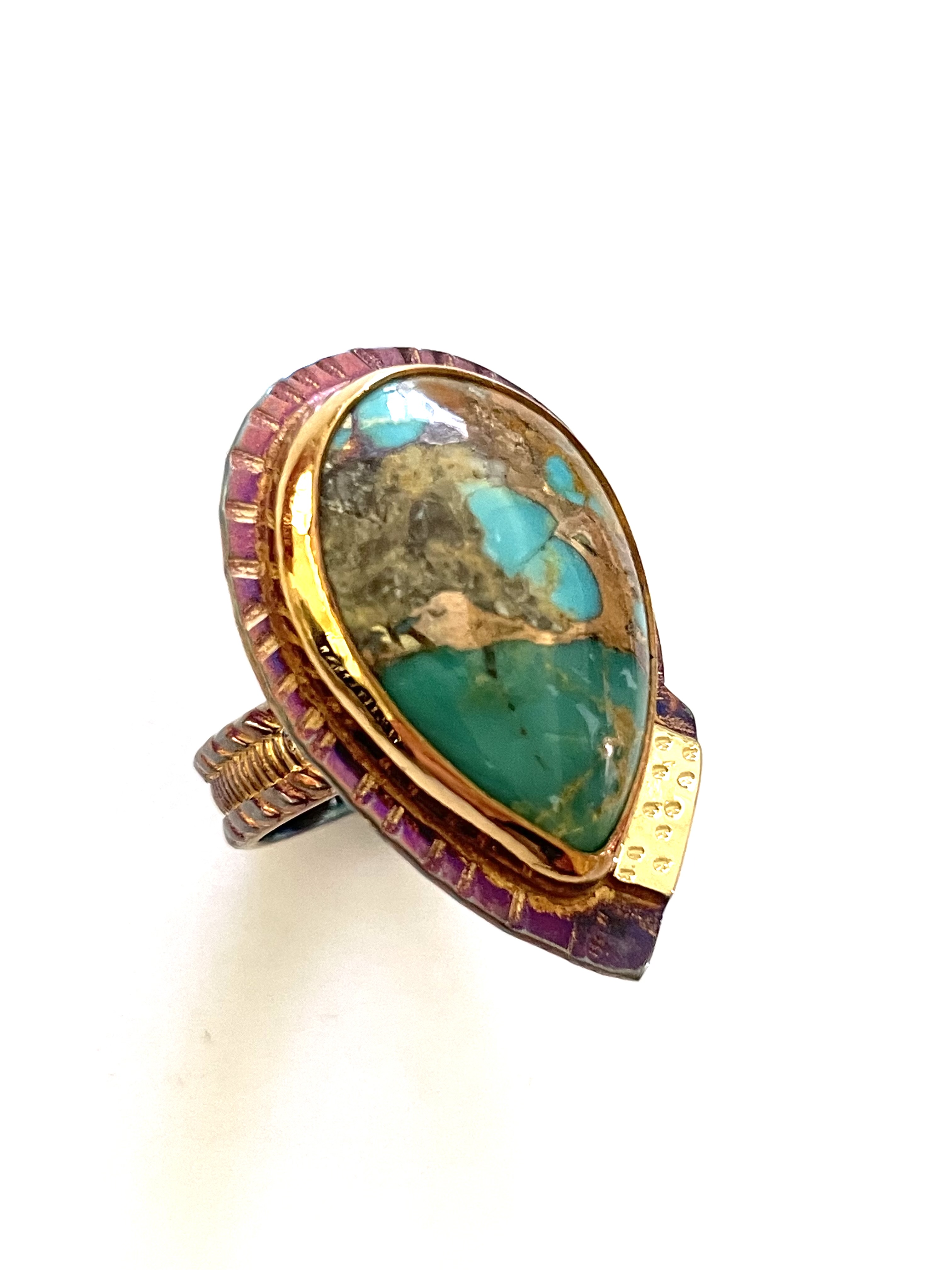 Sterling Silver, Fine Silver Bezel, Mosaic Turquoise, 18k Ring Size 7.