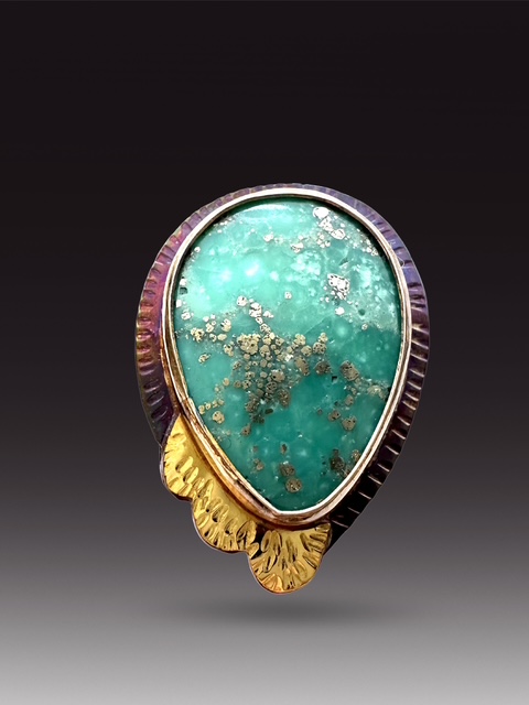 Image of 1 Sterling Silver, Fine Silver Bezel, 18k Gold, and Campitos Turquoise with Pyrite Ring - Size 7.25 by  