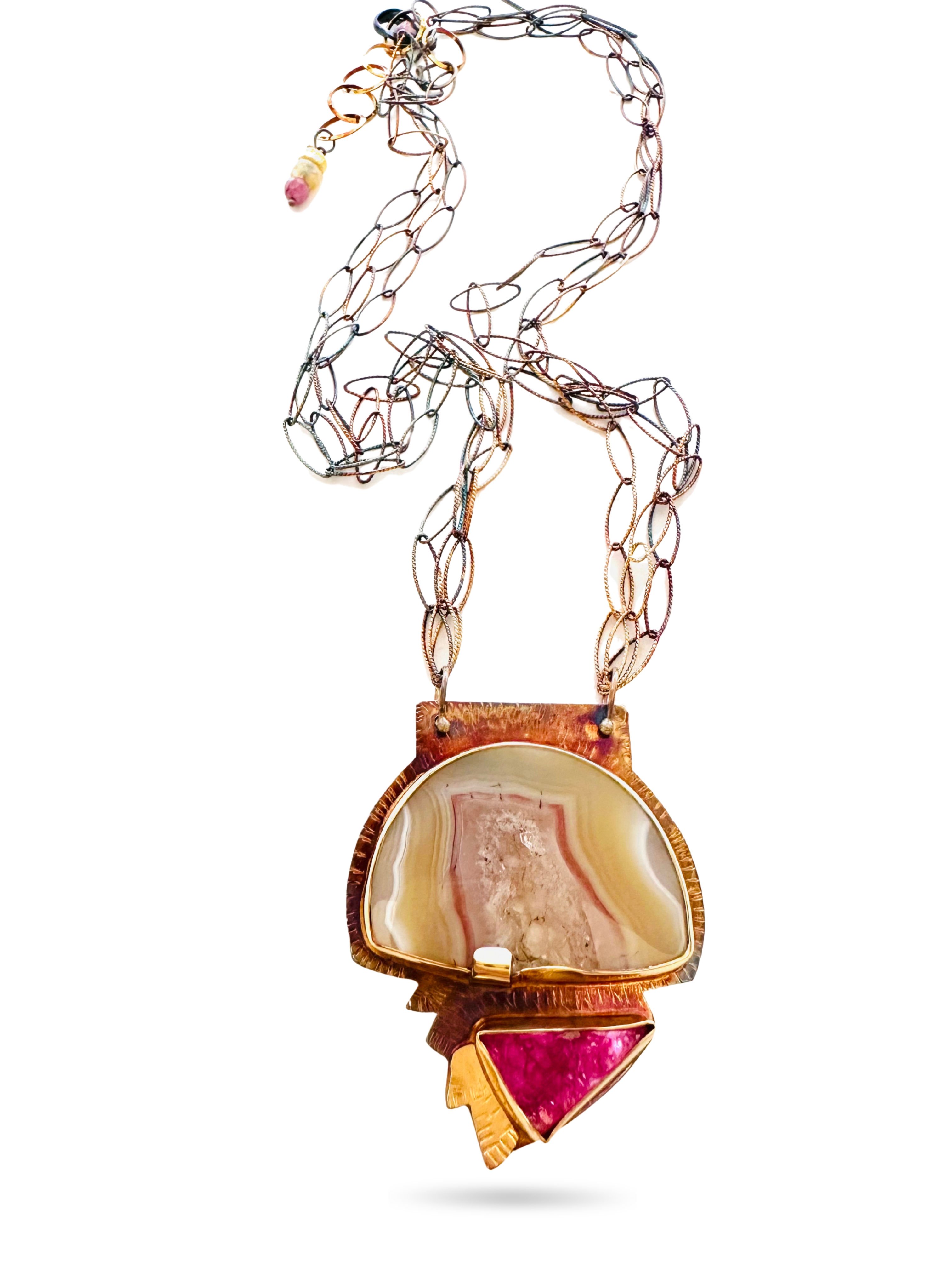 Image 2 for 3 Sterling Silver, Fine Silver Bezels, 18k Gold, Cobalto Calcite Druzy, and Laguna Beach Agate with Sterling Silver Chain and Lobster Clasp