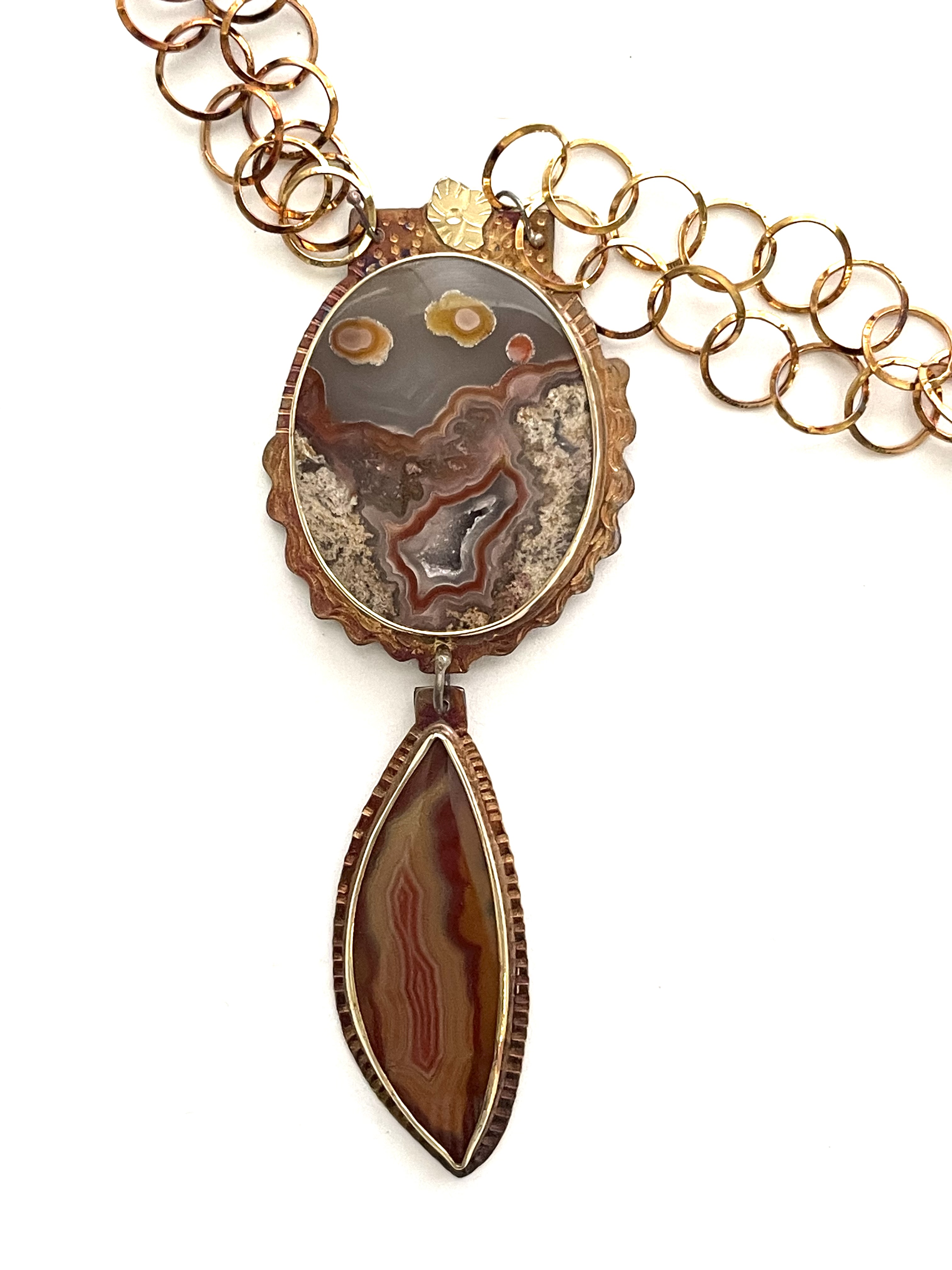 Sterling Silver, 18k Gold, Top Stone Crazy Lace Agate, Bottom Stone Laguna Beach Agate, 20” long
