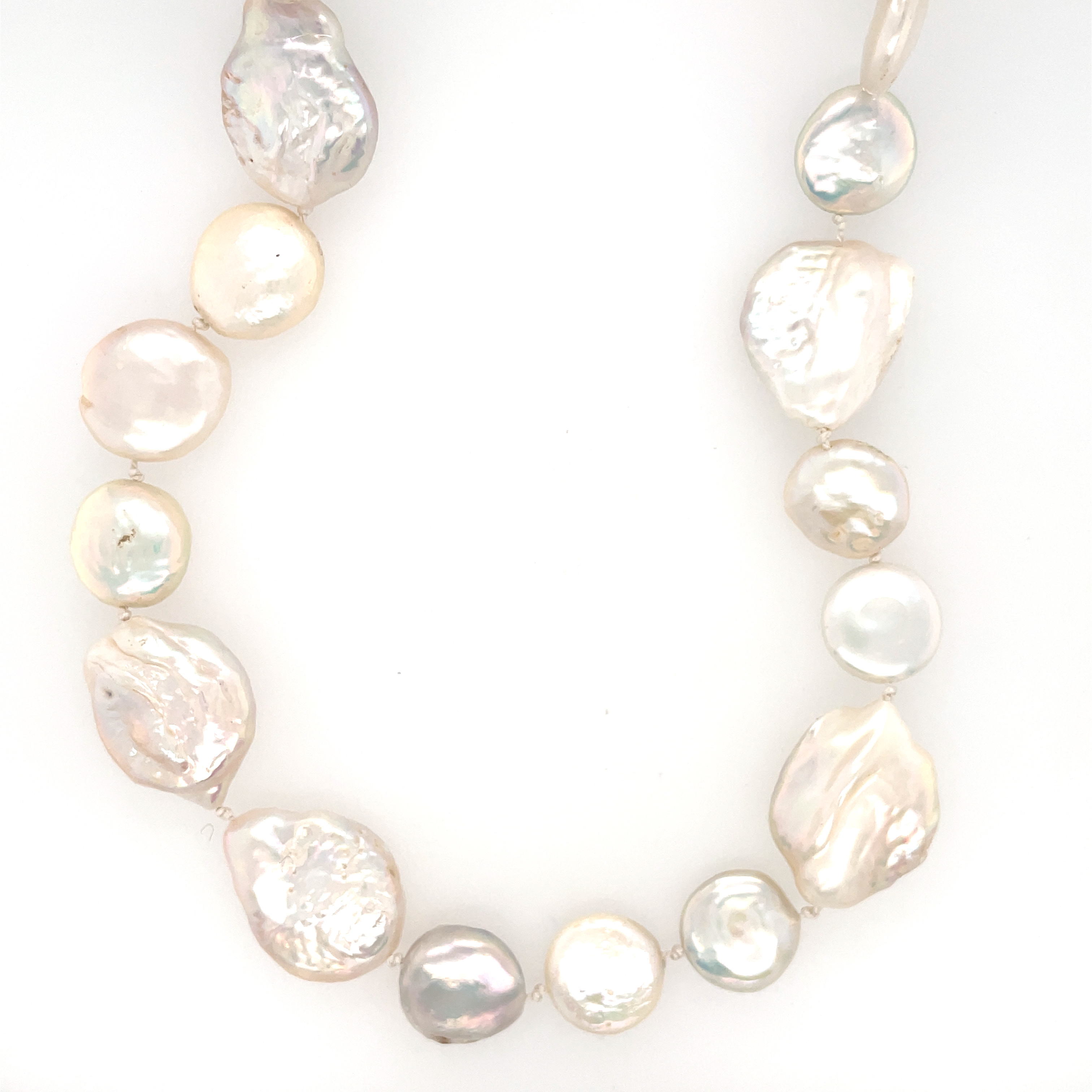 White Coin and Baroque Pearl Necklace with Hand Fabricated Sterling Clasp