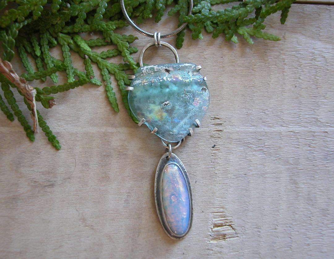 Roman Glass Pendant, Sterling, Roman Glass and Opal