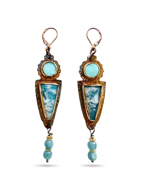 Image of 6 Sterling Silver, Fine Silver Bezels, Chrysocolla Druzy, and Plume Agate over Blue Resin Earrings with Apatite Beads and Gold Fill Spacers strung on Sterling Silver and Sterling Silver Lever Backs by Julie Shaw
