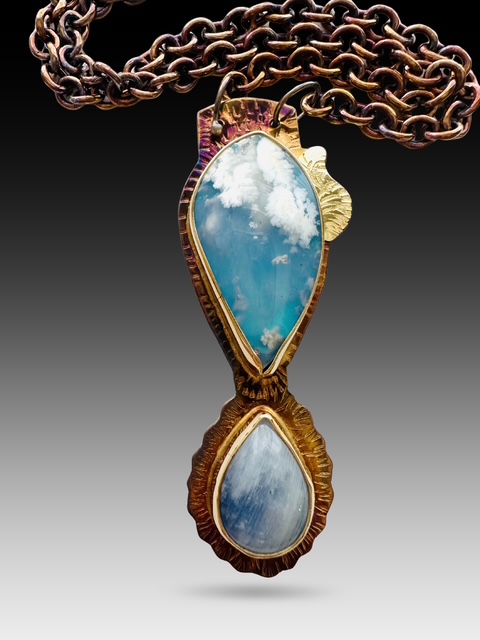 Image of 6 Sterling Silver, Fine Silver Bezels, 18k Gold, Plume Agate over Blue Resin and Rainbow Moonstone Necklace with Sterling Silver Chain and Lobster Clasp by Julie Shaw
