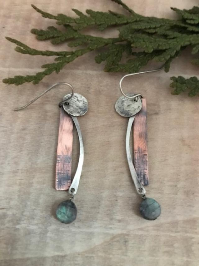 Circle Stick Earrings in Sterling Silver, Copper and Laboradorite