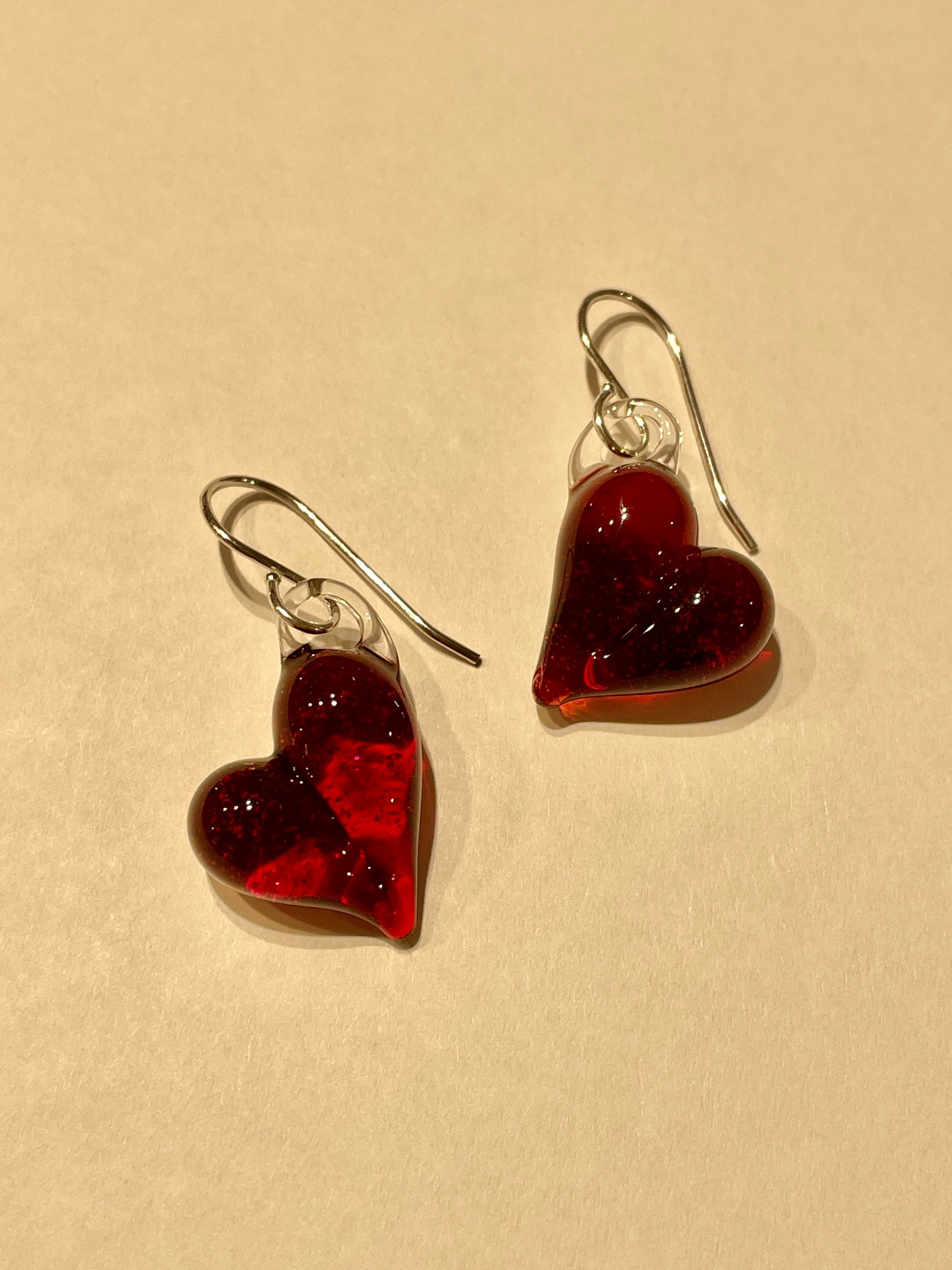 Glass Ruby Heart Earrings on Sterling Wires