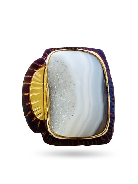 Image 4 for 5 Sterling Silver, Fine Silver Bezel, 22k Gold, and Quartz Druzy in Agate Ring - Size 7.25