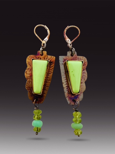 Image of 2 Sterling Silver, Fine Silver Bezels, and Citroin Chrysophrase Earrings with Peridot and Chrysophrase Beads and Sterling Silver Lever Earwires by  