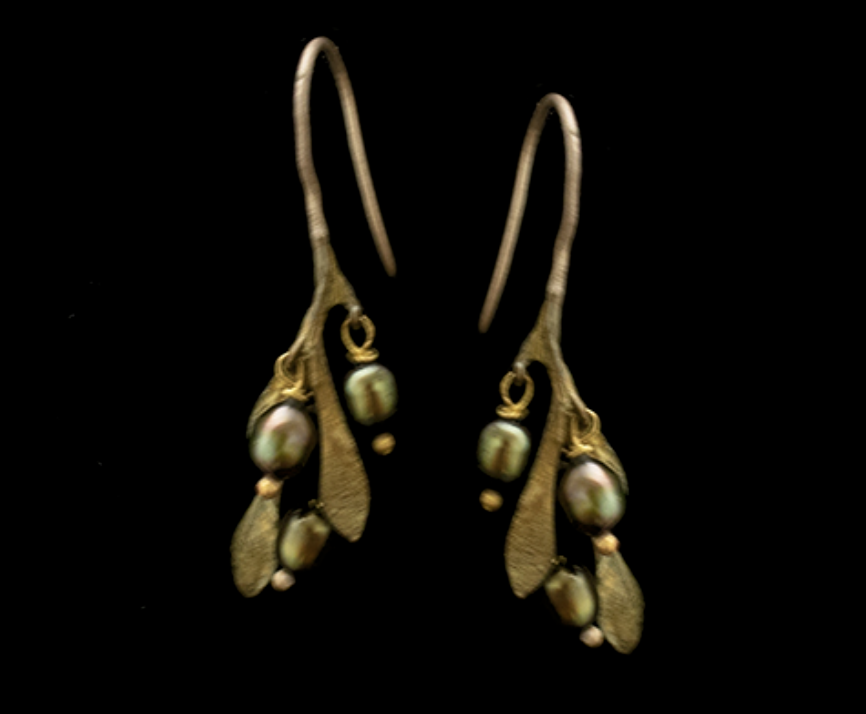 Image of Olive Wire Drop Earrings with Pearl by Michael Michaud