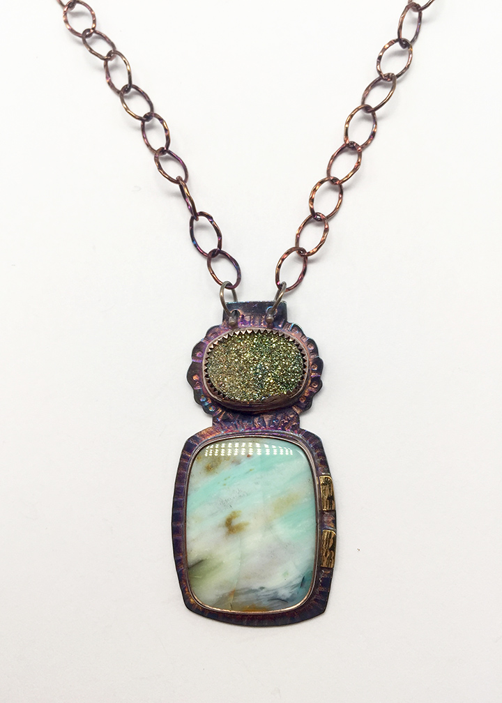 Image 1 for Pyrite Druzy, Blue Opal Displaced Petrified Wood, Sterling and 22k Necklace Pyrite Druzy, Blue Opal Displaced Petrified Wood, Sterling and 22k Necklace