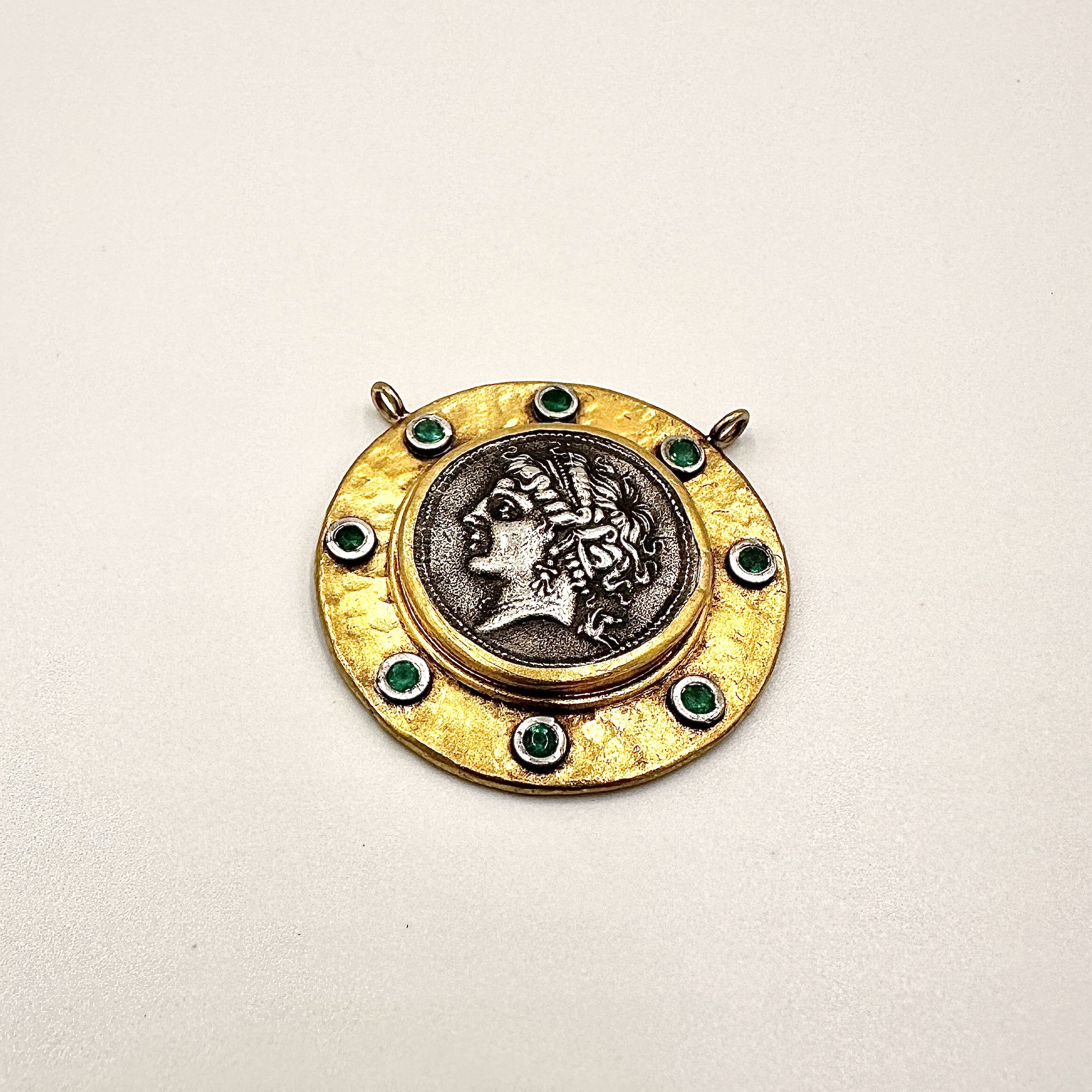 Image of 24 Karat Gold and Oxidized Sterling Handmade Emerald and Caesar Coin by Marcia McDonough