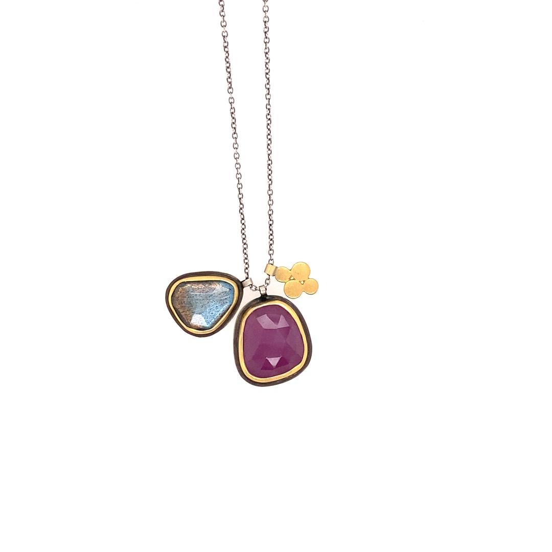 Pink Sapphire, Labradorite and 22k Gold Necklace