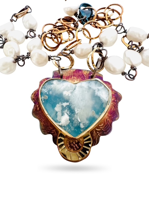 Image of 6 Sterling Silver, Fine Silver Bezel, 18k Gold, and Fresh Water Pearl Necklace with Sterling Silver Links and Lobster Clasp by Julie Shaw