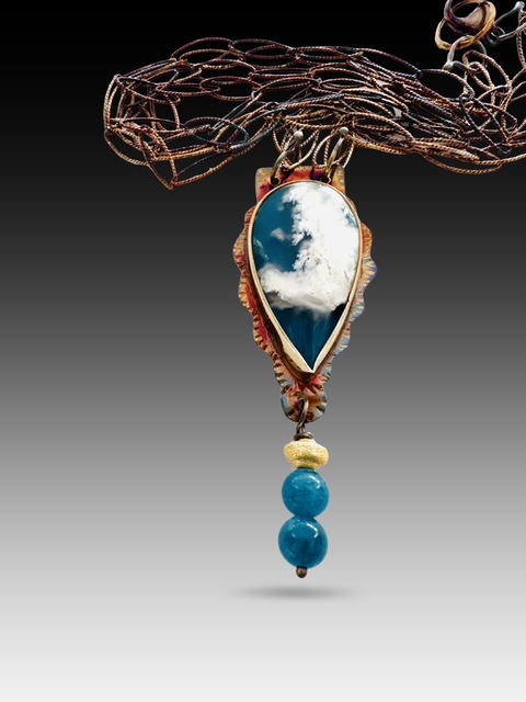 Image of 6 Sterling Silver, Fine Silver Bezel, Plume Agate over Blue Resin with Chrysocolla and Gold Fill Drop Necklace with Double Sterling Silver Chain and Lobster Clasp by Julie Shaw