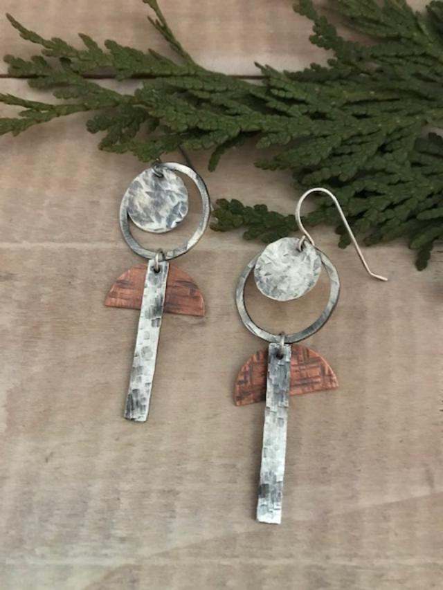 Circle Stick Earrings in Sterling Silver and Copper
