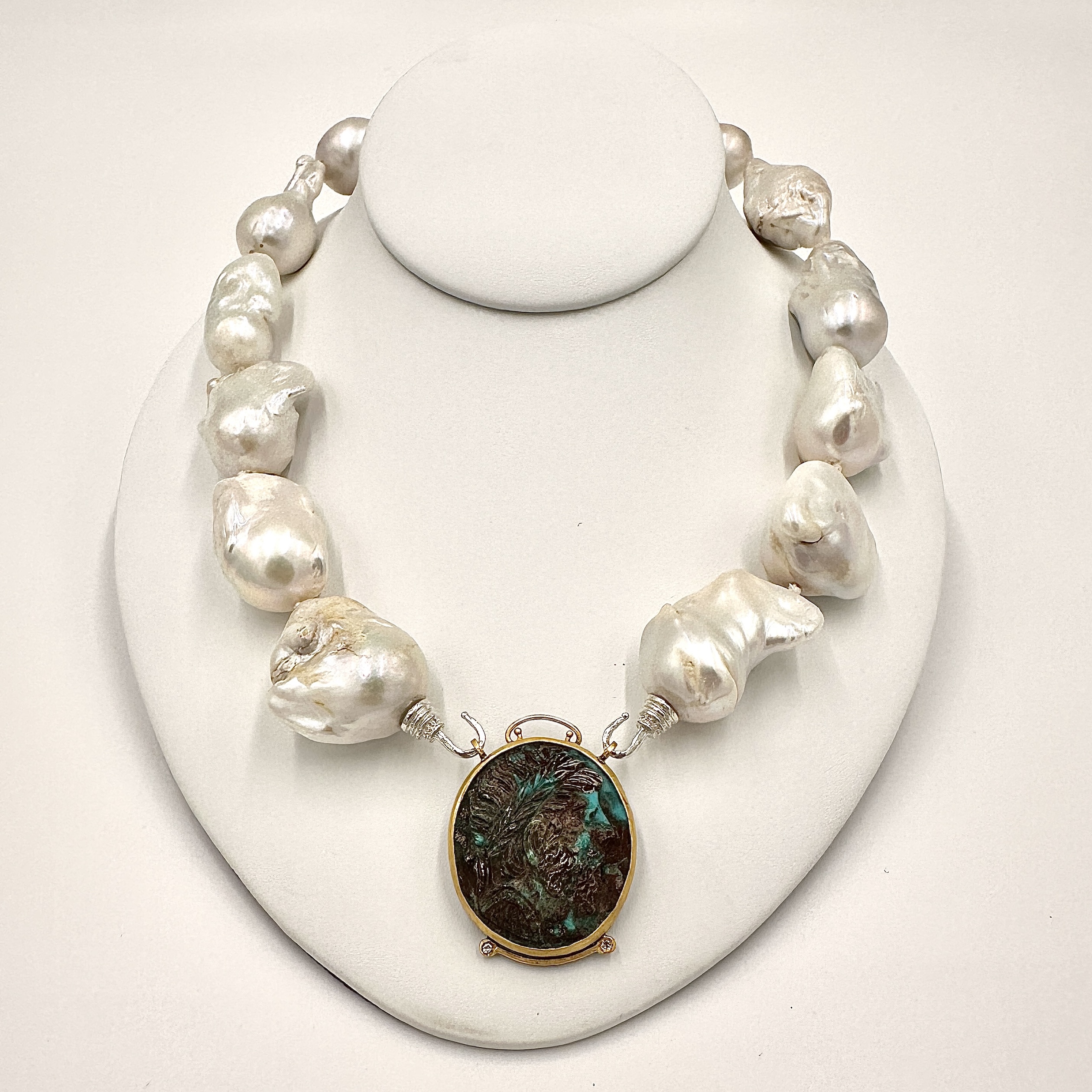 Image 2 for 24 Karat Gold and Oxidized Sterling Raw Turquoise and Diamond Centerpiece