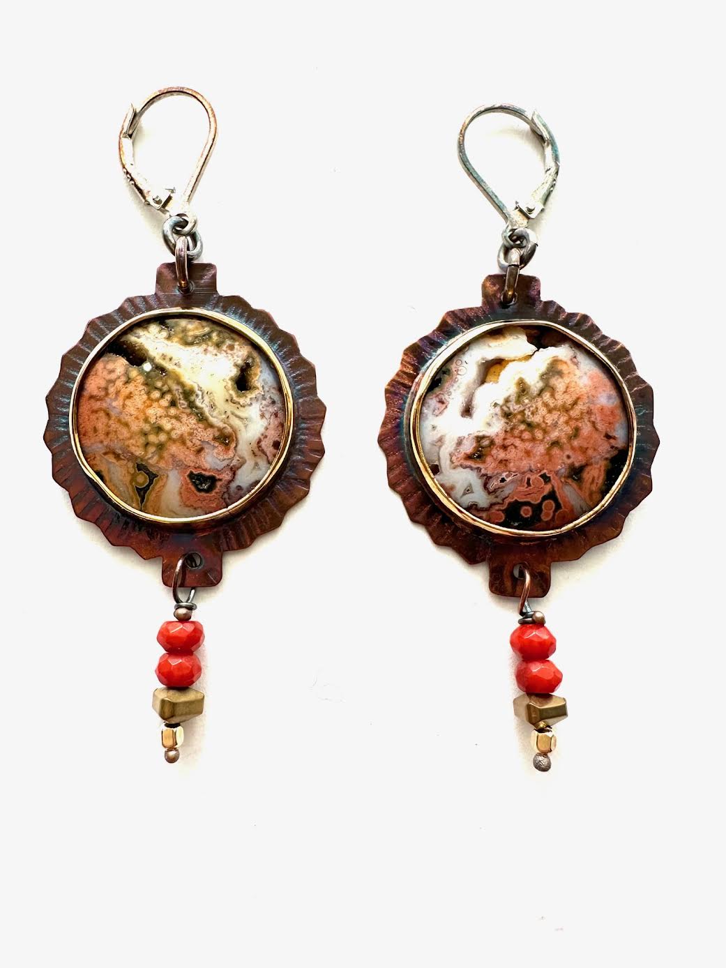 Image of Sterling Silver, Fine Silver Bezels, Ocean Jasper, and Carnelian Drop Earrings by Julie Shaw