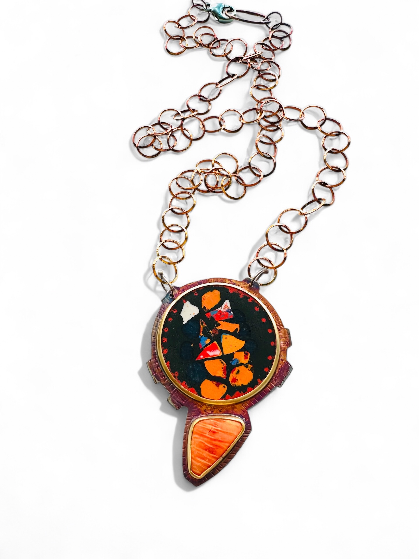 Image 2 for 7 Sterling Silver, Fine Silver Bezels, Spiney Oyster, and Matte Enamel Necklace on a Sterling Silver Chain with a Lobster Clasp