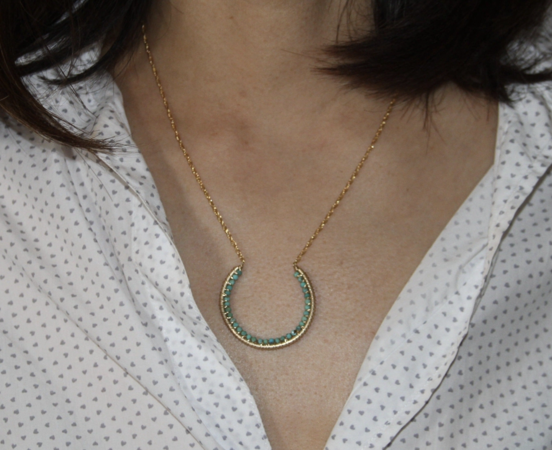 Gold Wired Horseshoe Gem Necklace, Turquoise