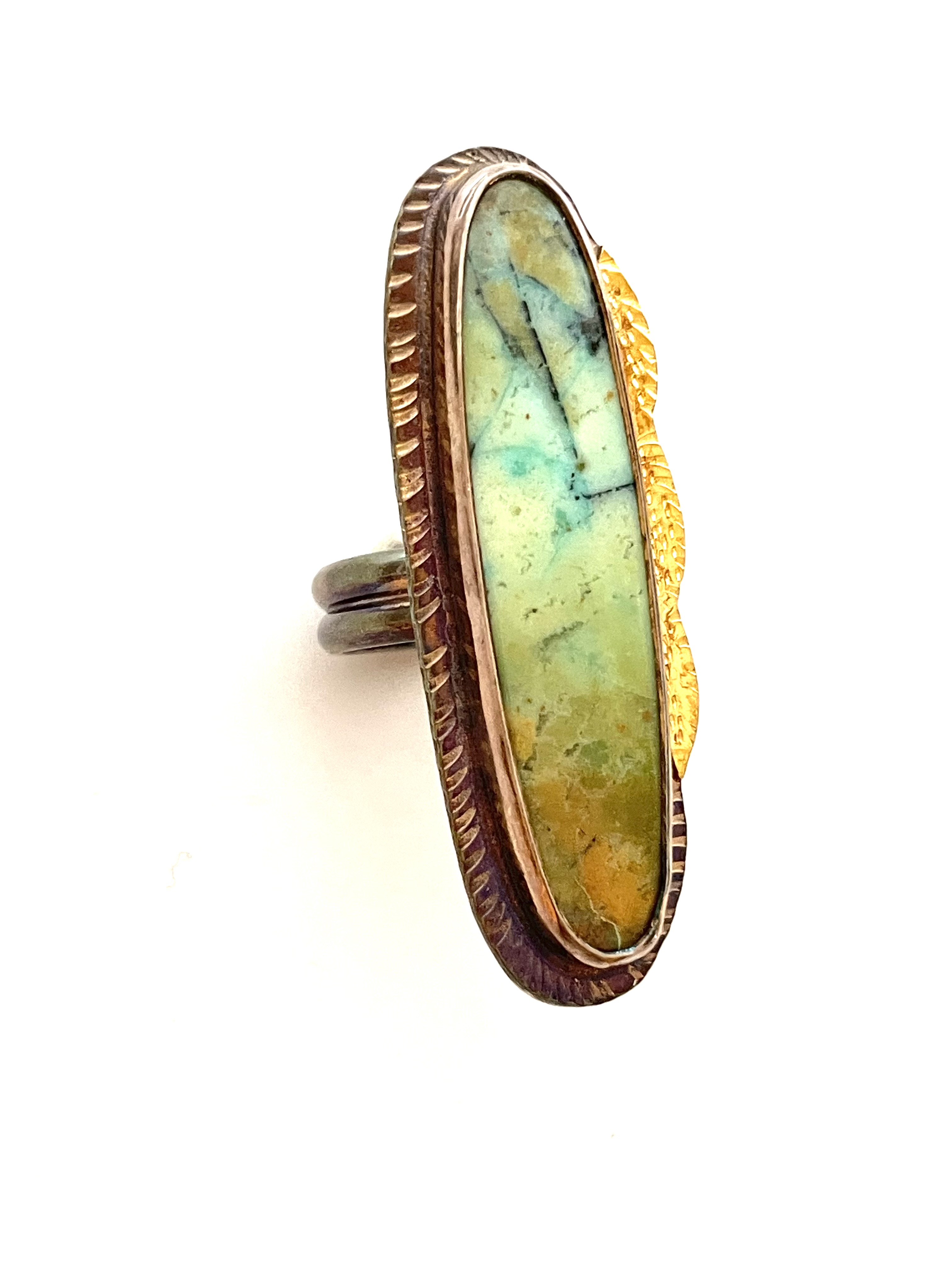 Sterling Silver, 22k Gold, and Blue Opal Petrified Wood Ring ~ Size 7
