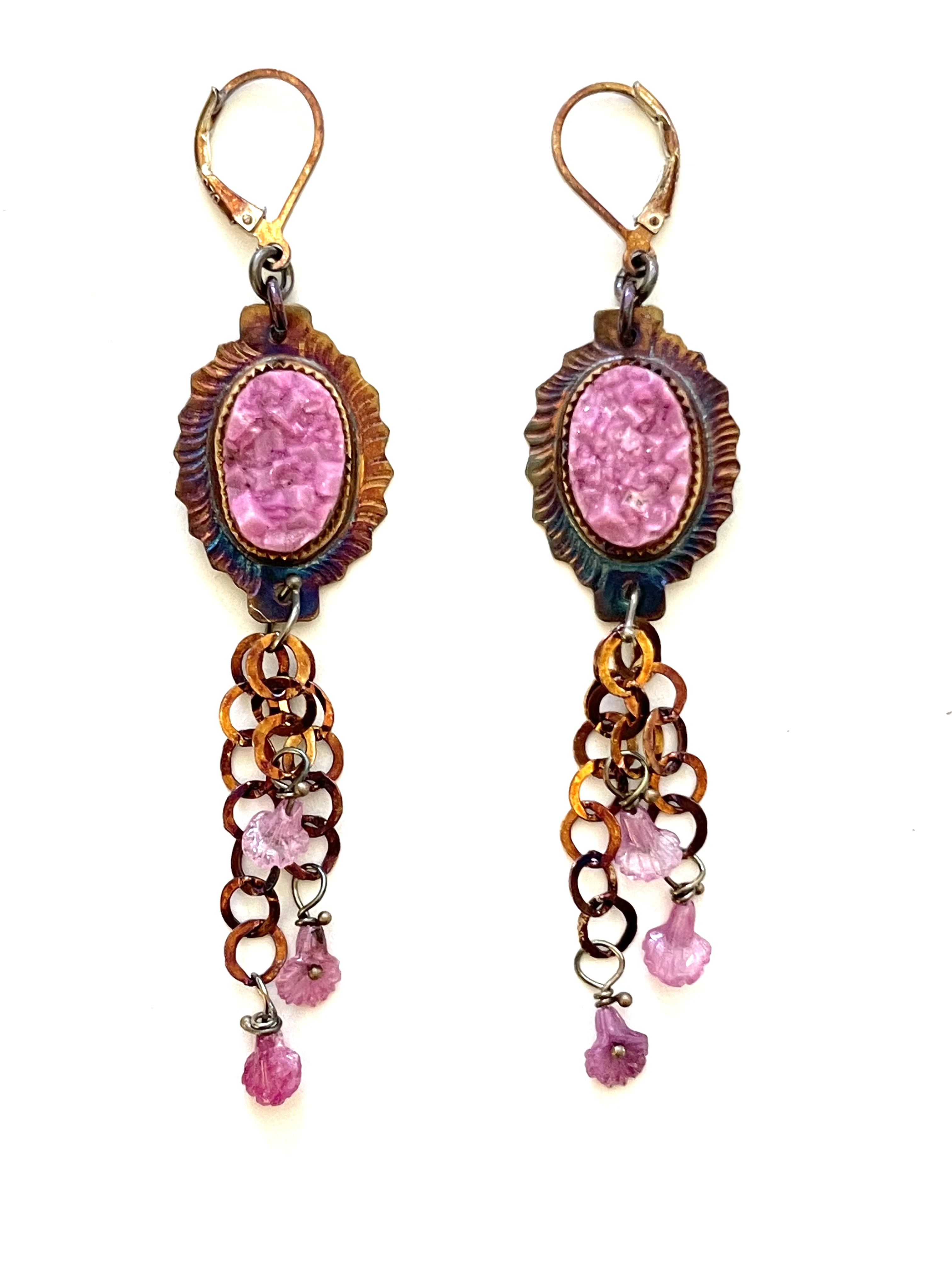Sterling Silver, Cobalto Calcite Druzy with Rubies and Ruby Orchid Earrings