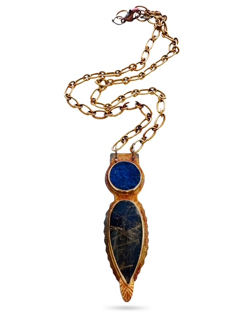 Image 2 for 1 Sterling Silver, Fine Silver Bezels, Natural Surface Lapis and Rutilated Quartz over Lapis Lazuli with Sterling Silver Chain and Lobster Clasp