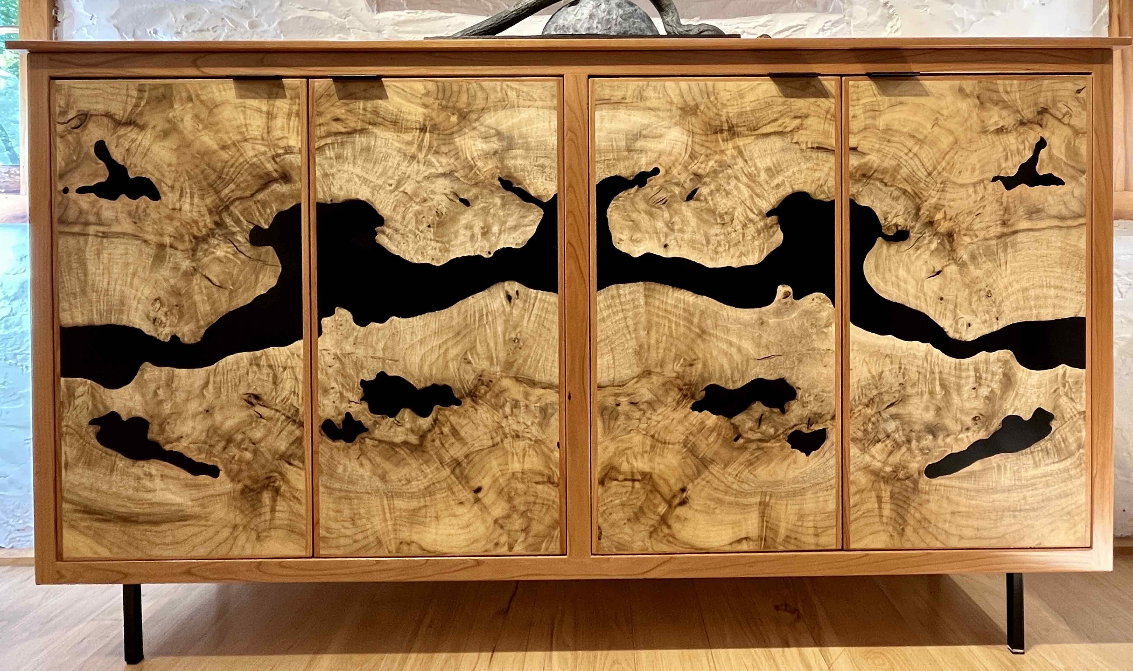 Four Door Myrtlewood and Cherry Rorschach Cabinet with Drawers