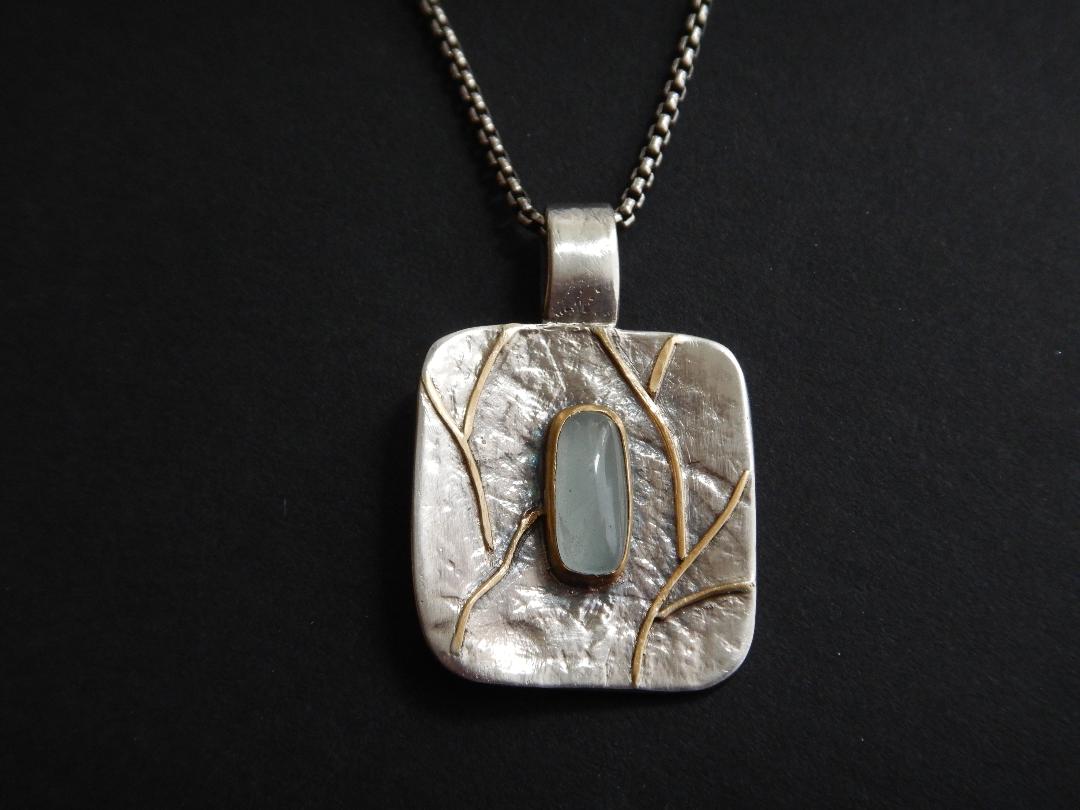 Branches Pendant in Sterling Silver, 22k Gold with Aquamarine (2.1ct) on 18' Rounded Box Chain