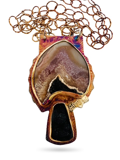 Image of 3 Sterling Silver, Fine Silver Bezels, Black Quartz Druzy, Agate with Black Druzy within, and 18k Gold Necklace with Sterling Silver Chain and Lobster Clasp by Julie Shaw