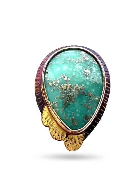 Image 2 for 1 Sterling Silver, Fine Silver Bezel, 18k Gold, and Campitos Turquoise with Pyrite Ring - Size 7.25