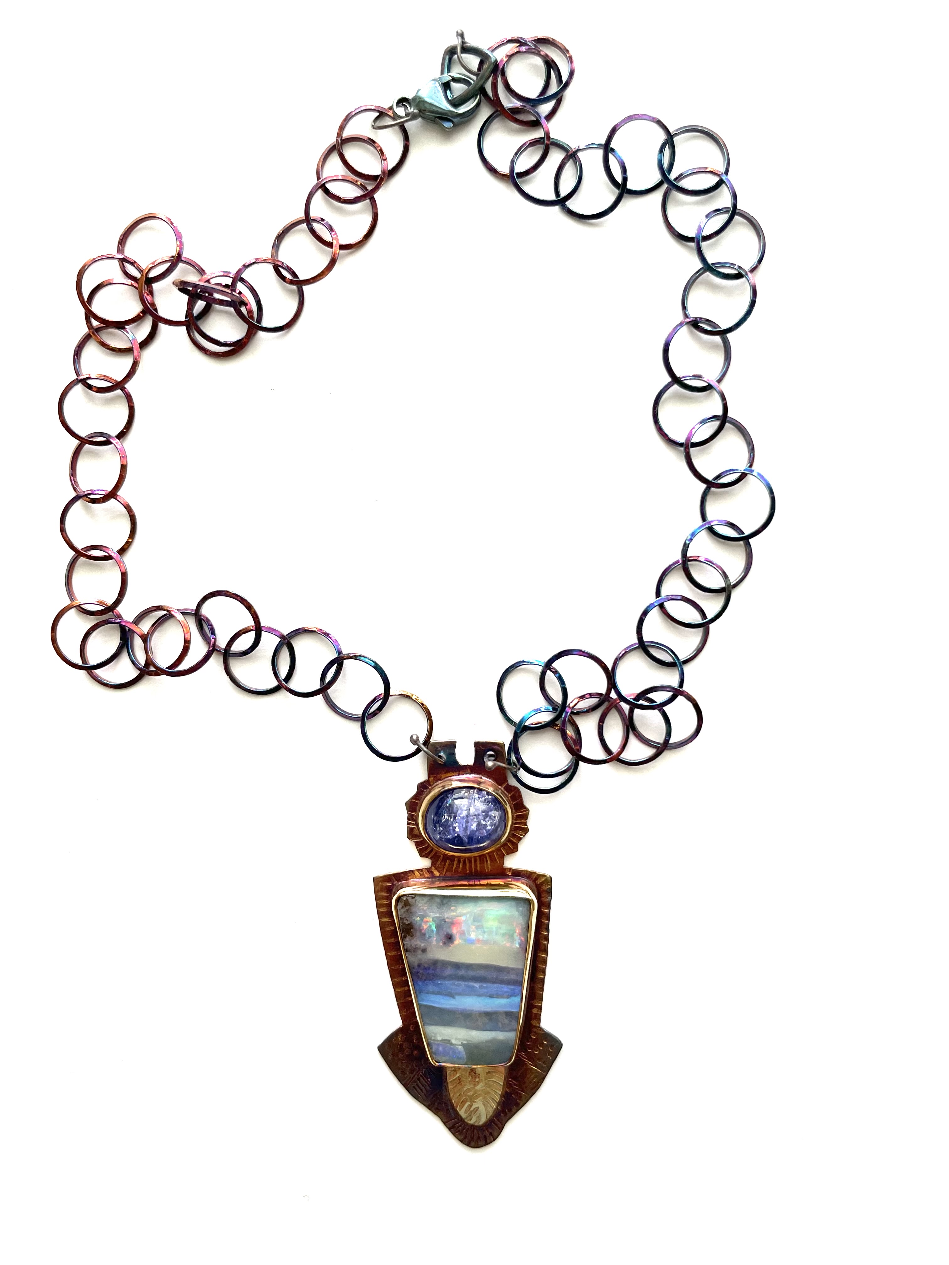 Sterling Silver, 18k Gold, Australian Opal, and Tanzanite Necklace