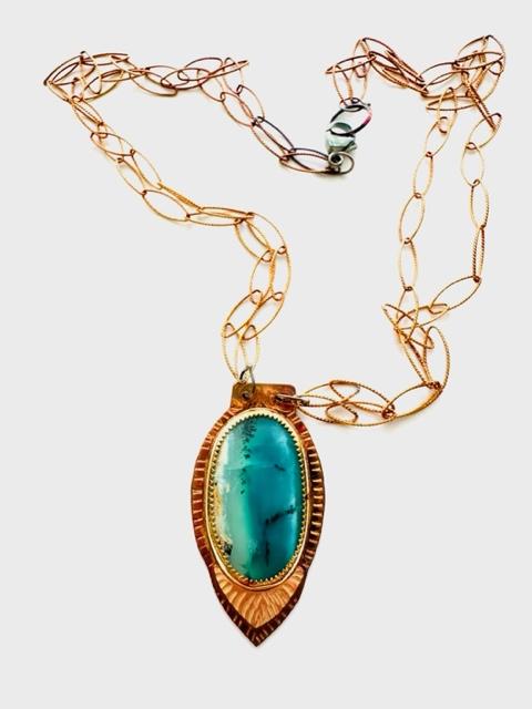 Sterling Silver, 18k Gold, and Blue Opal Wood Necklace on Sterling Silver Chain
