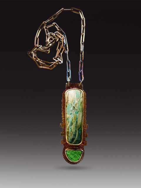 Image 2 for 2 Sterling Silver, Fine Silver Bezels, rare Colla Wood from Turkey, and Uvarovite Necklace with Sterling Silver Chain