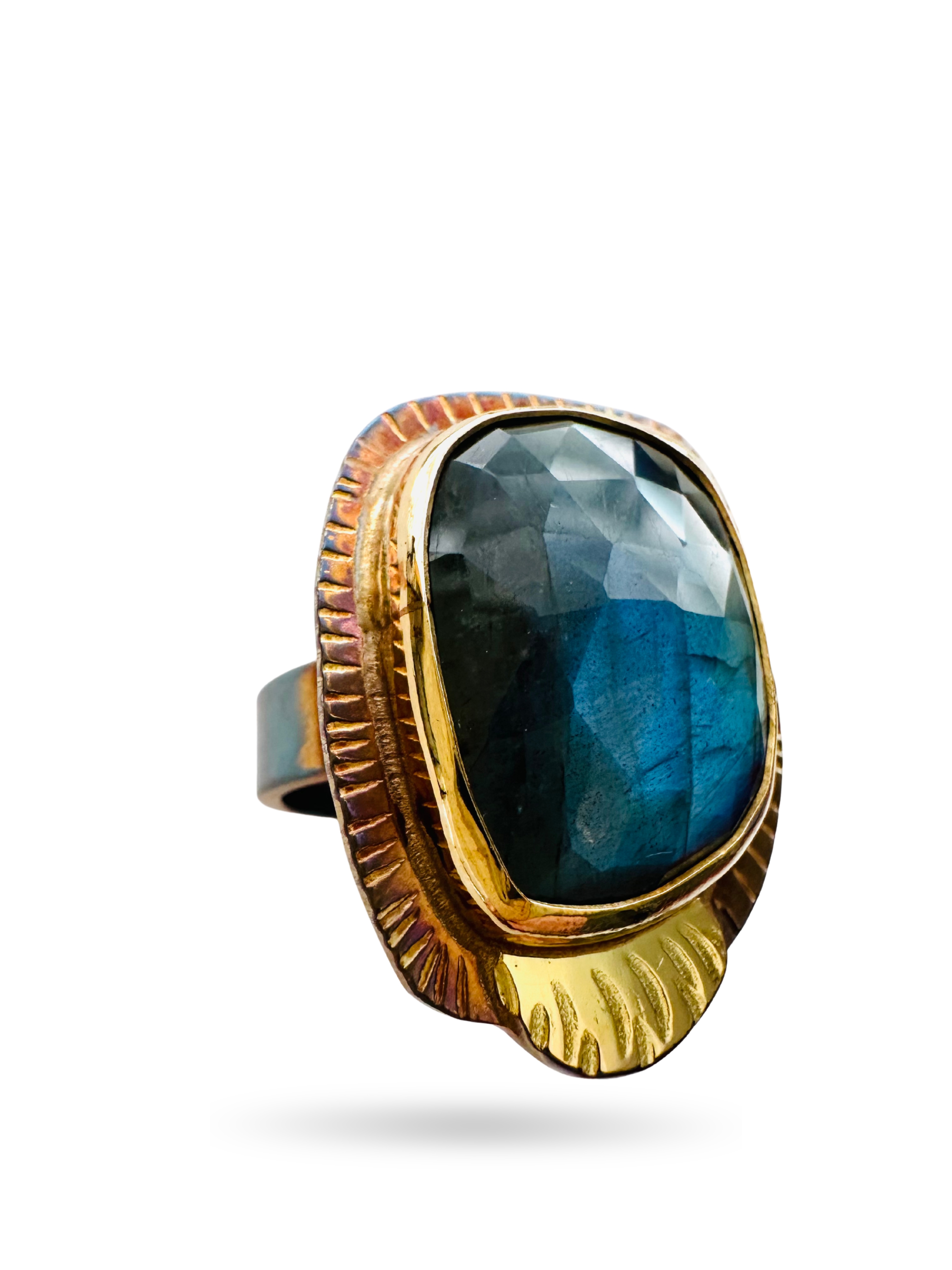 Image 2 for 1 Sterling Silver, Fine Silver Bezel, 18k Gold, and Faceted Labradorite Ring - Size 7