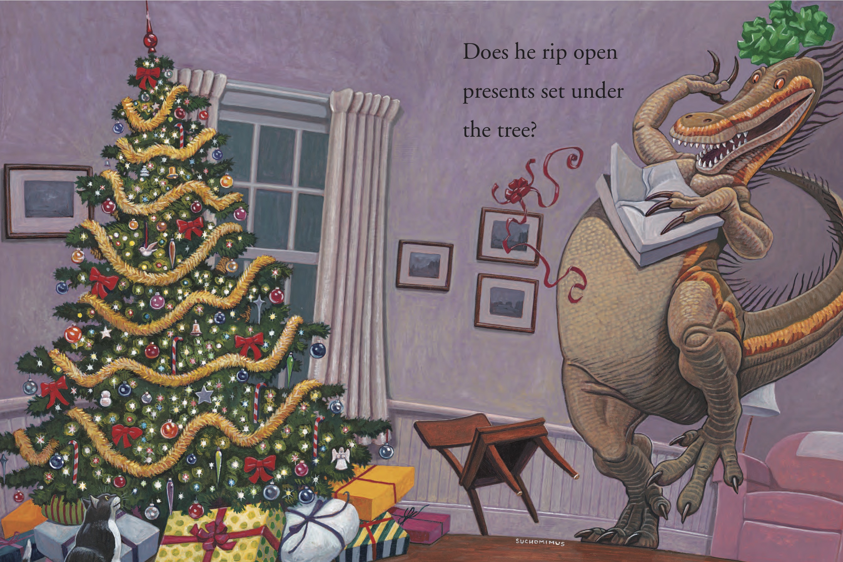 Does Dino open present by  Mark Teague - Masterpiece Online