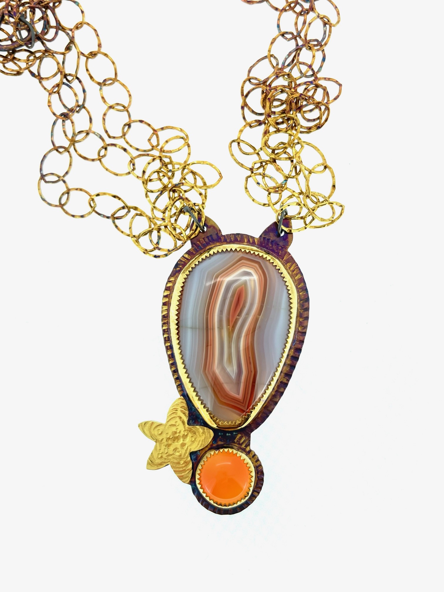 Sterling Silver, 22k Gold, Carnelian and Malawi Agate Necklace