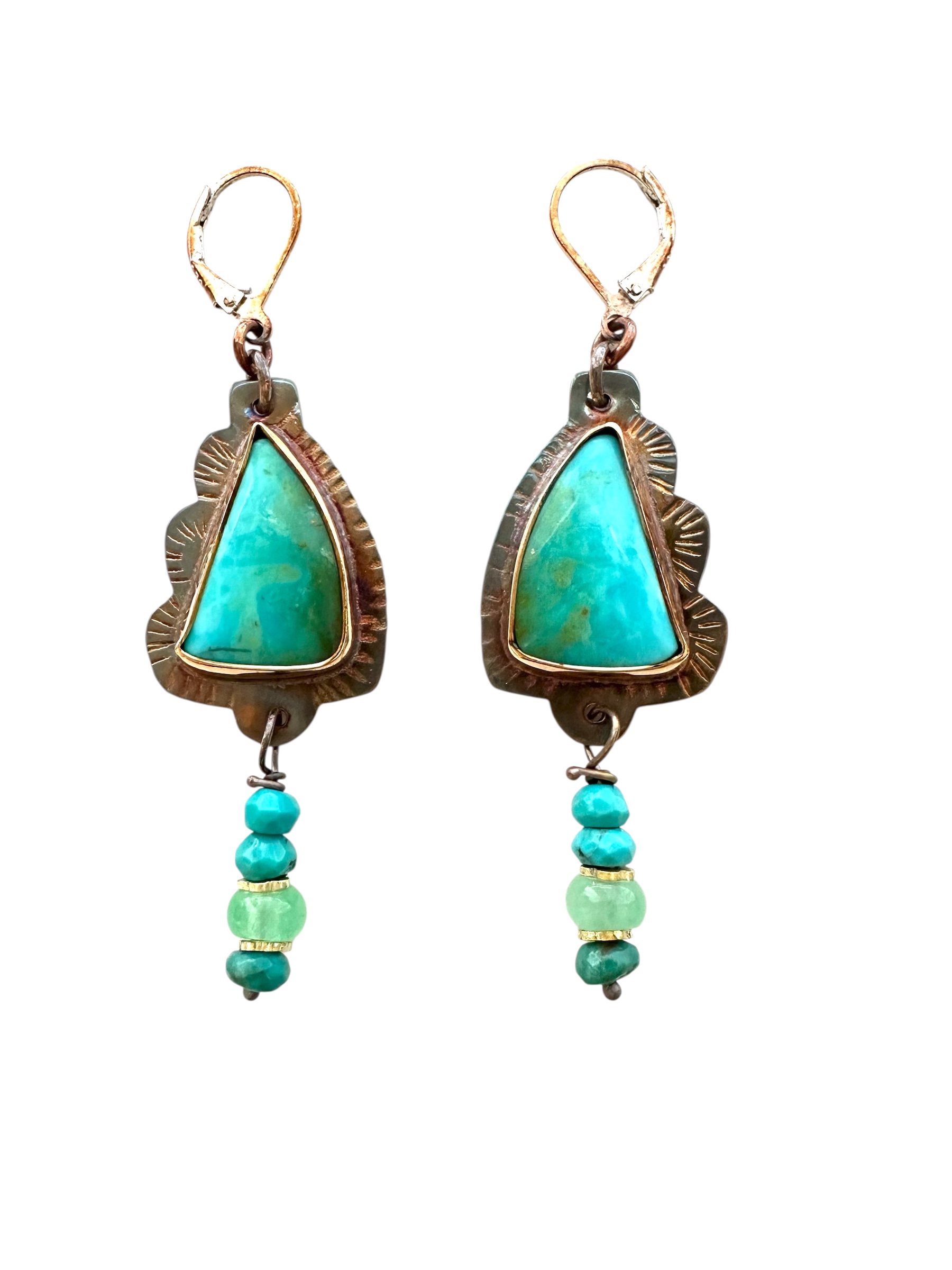 Image of Sterling Silver, Fine Silver Bezels, Kingman Turquoise from the 70's, Turquoise Beads, and Calcite Earrings by Julie Shaw