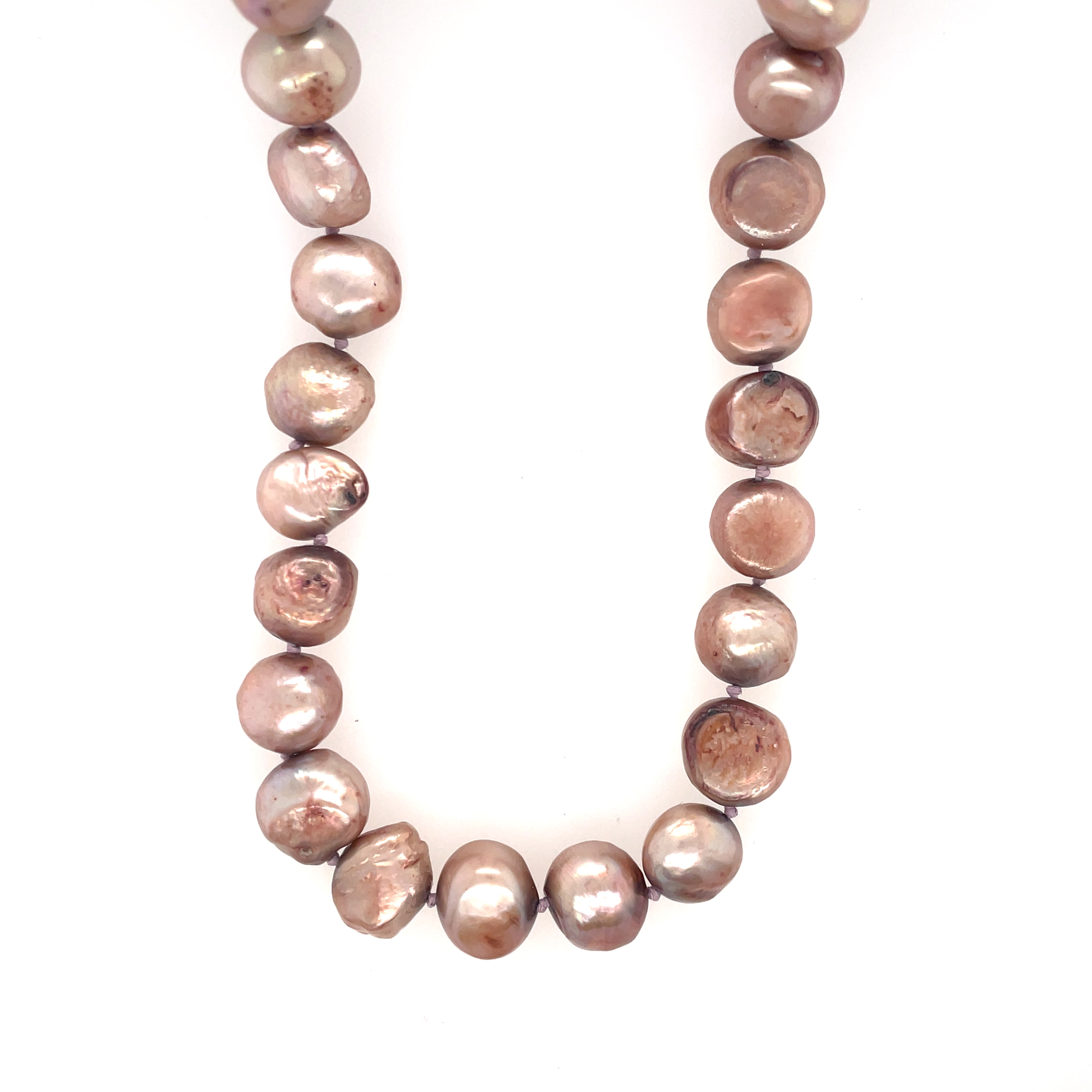 Hand Knotted Cooper Rose Color Pearl Necklace with Hand Fabricated Sterling Clasp
