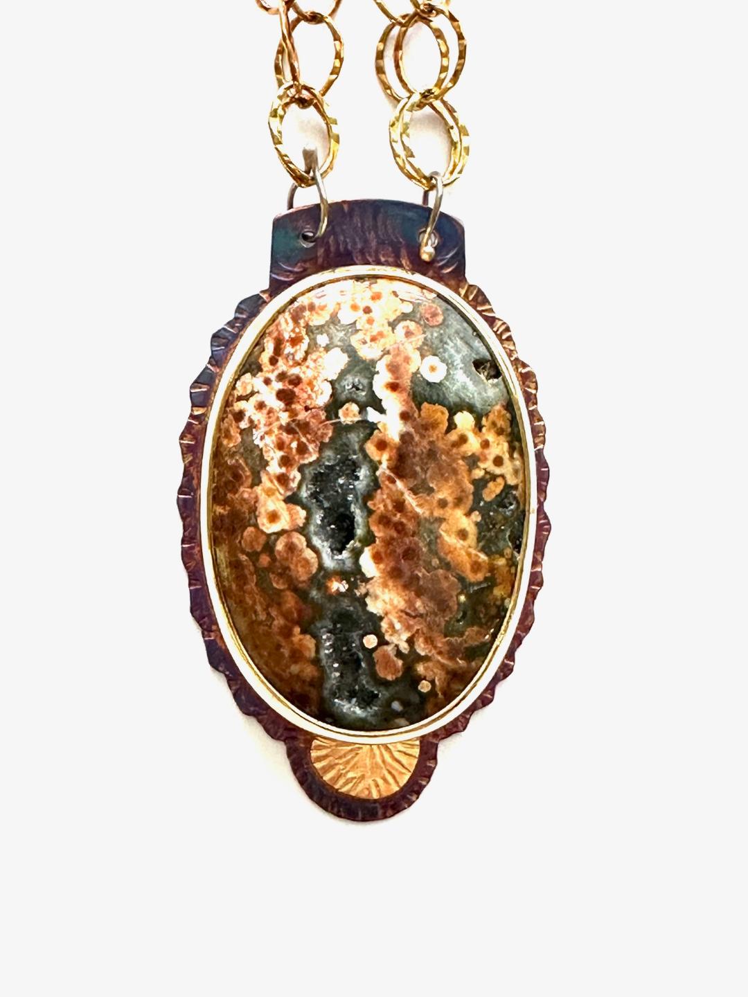 Sterling Silver, Fine Silver Bezel, 18k Gold, and Orbicular Jasper with Quartz Crystals Popping Through Necklace with Sterling Silver Chain and Lobster Clasp