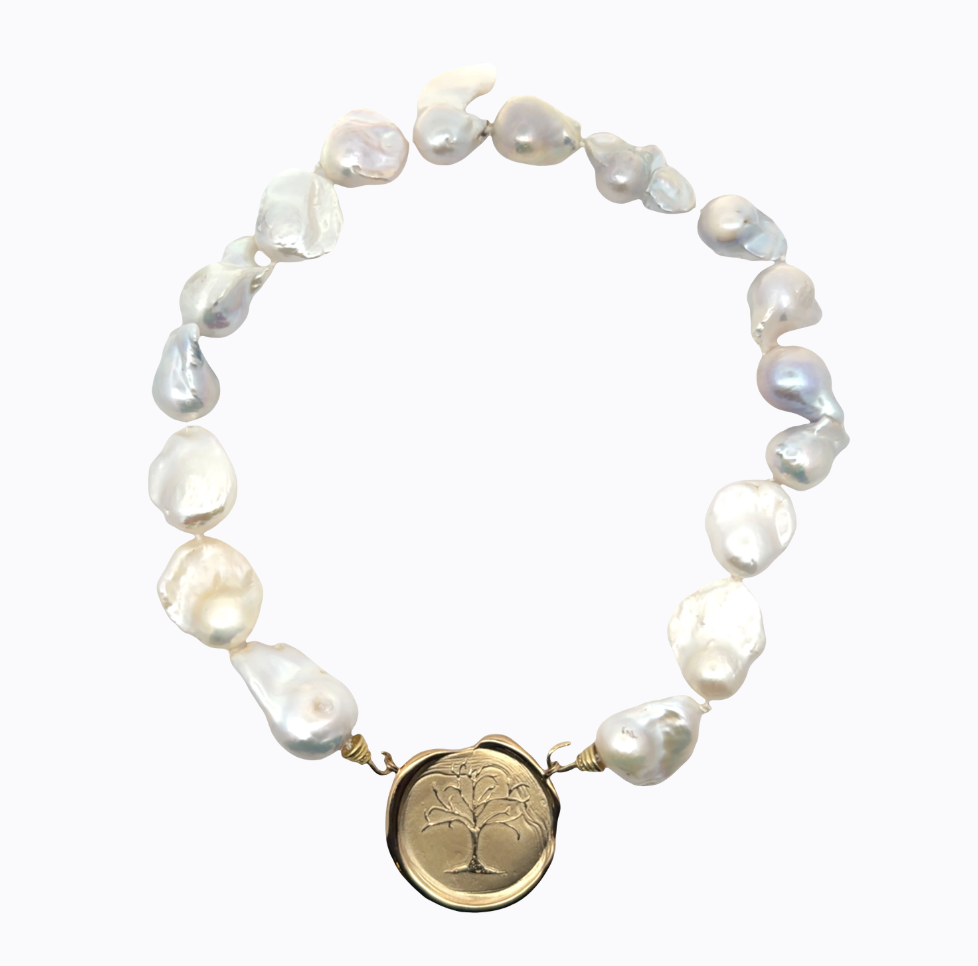 Image of Extremely Baroque White Large Freshwater Pearl Strand on Hand Cast Gold Bronze Hooks by Marcia McDonough