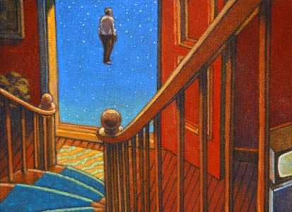 Stairwell With Man Fl... by  Miles Hyman - Masterpiece Online