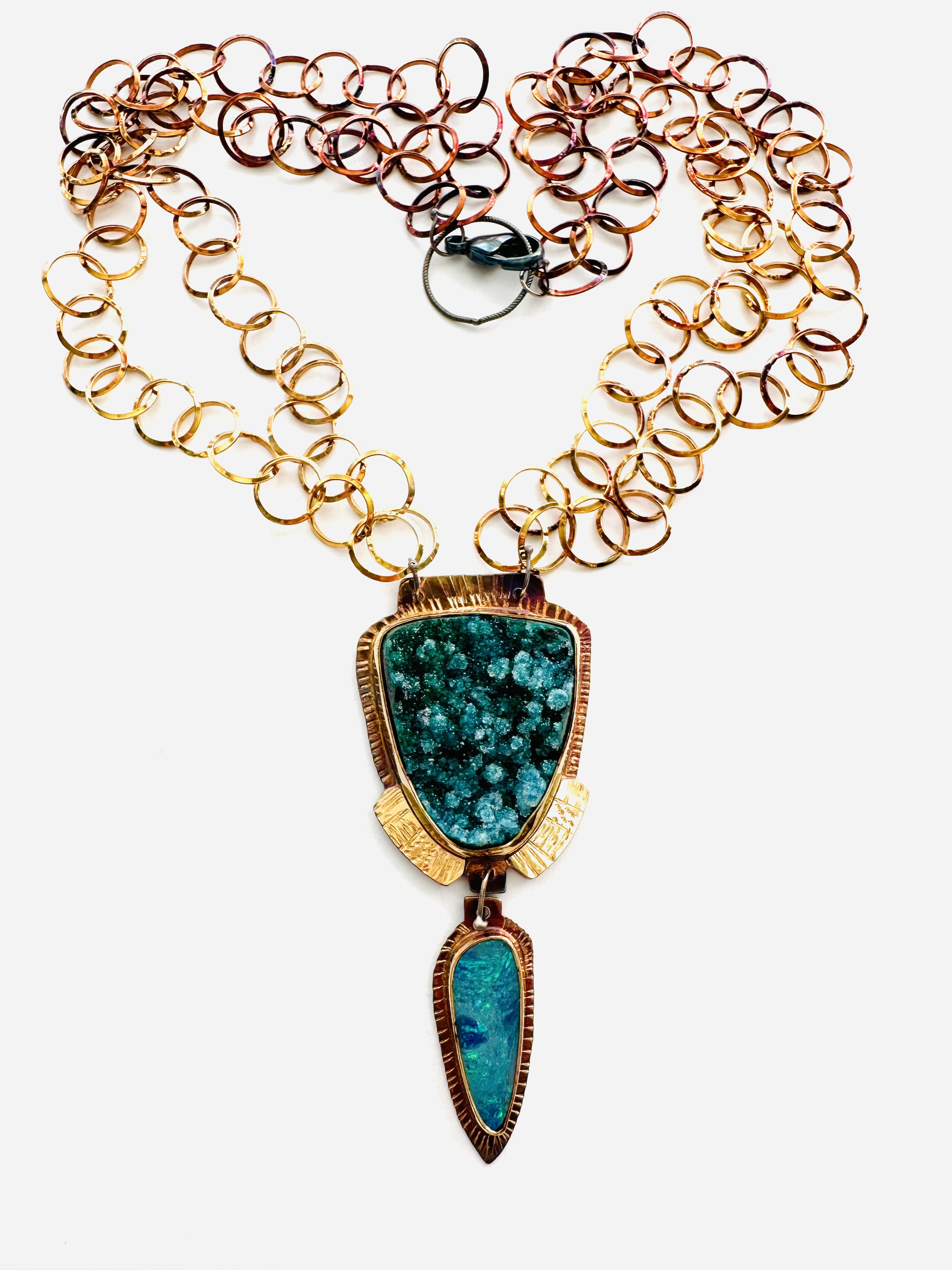 Image 2 for 2 Sterling Silver, Fine Silver Bezels, 18k Gold, Rare Gorgeous Azurite Druzy, and Boulder Opal Necklace with Sterling Silver Chain and Lobster Clasp