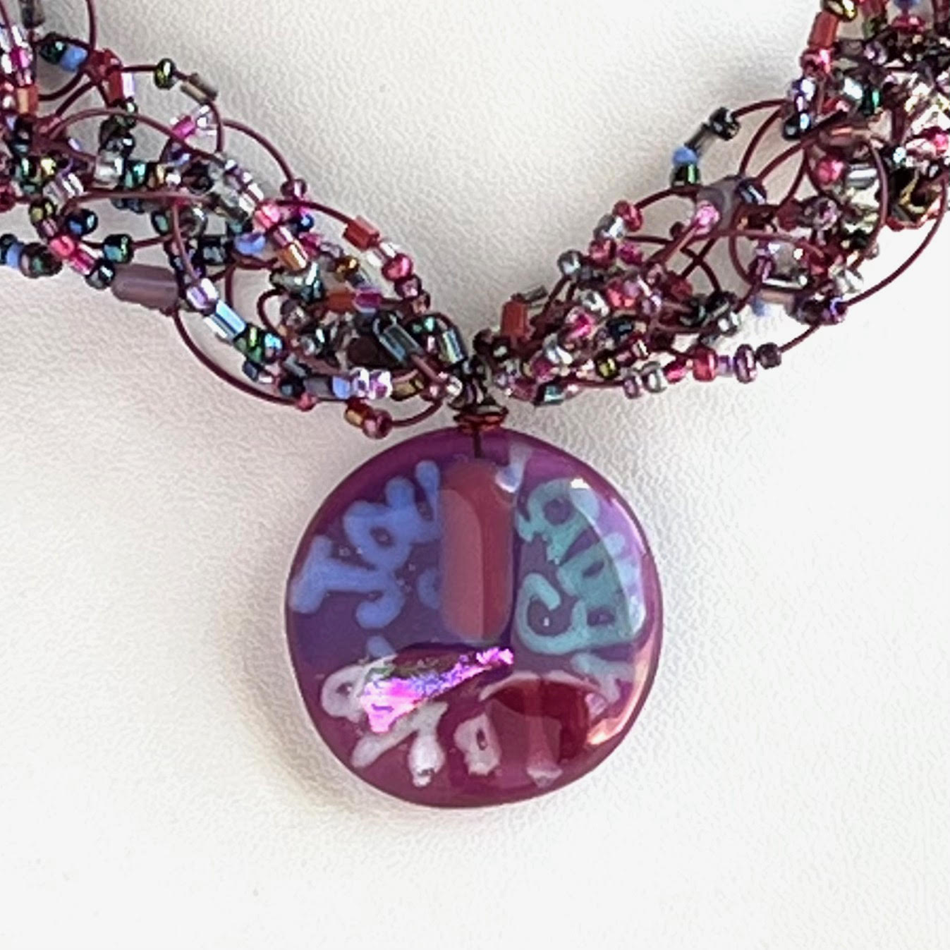 JOY, LAUGH, LOVE Fused Glass Pink Woven Necklace