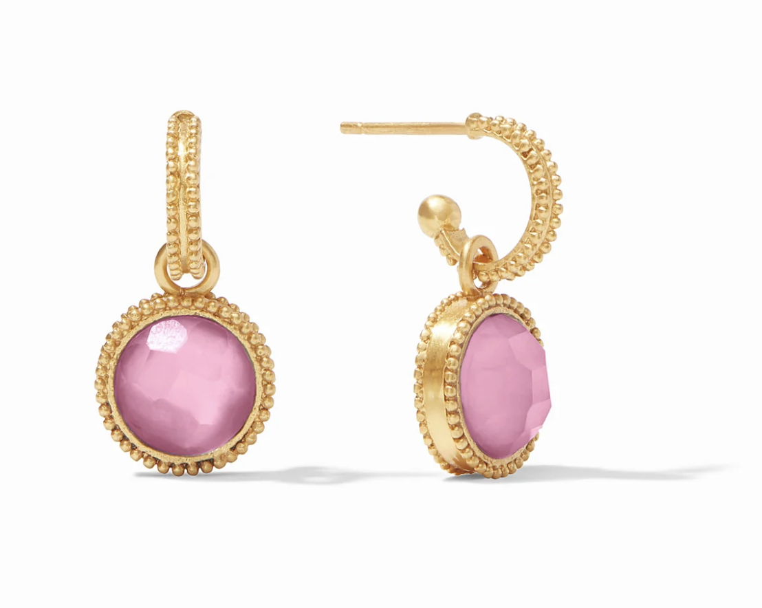 Image of Iridescent Tourmaline Pink Fleur-de-Lis Hoop & Charm Earrings by Julie Vos