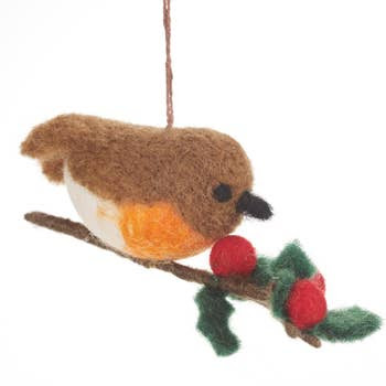 Robin on a Holly Branch - Handmade Felt Ornament